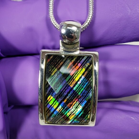 Silver tone Multicolor Rectangular Pendant Necklace with Matching Earrings - Picture 3 of 10